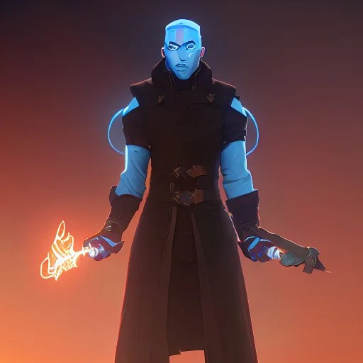 A commander in matte black robes with flaming eyes with flaming light blue pupils stands atop a squire Two infinity gauntlets contain six infinity stones, one of which is made with nano In the hands of a powerful man walking While standing on a majestic height from afar