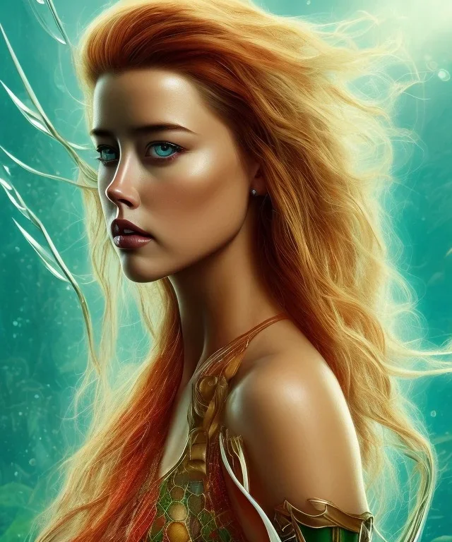 portrait head Amber Heard Aquaman curly red hairs under the green sea