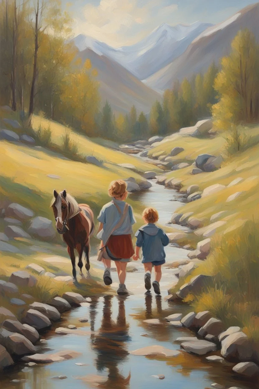 Spring in skåbu, sun, portrait of cute children walking in mountains by stream, horse, broken old tractor, prize winning oil painting