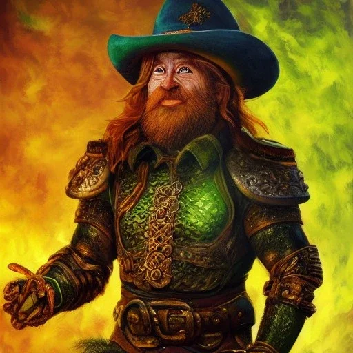 Ultra detailed fullbody Portrait in oil on canvas,leprechaun with armor,extremely detailed digital painting,ultrarealistic skin,intense stare, extremely detailed face, mystical colors ,perfectly centered image, perfect composition, rim light, beautiful lighting,masterpiece ,8k, stunning scene, raytracing, anatomically correct, in the style of Ohrai Noriyoshi and robert e howard and Steve Jung and Wizyakuza and Simon Bisley and uncannyknack.