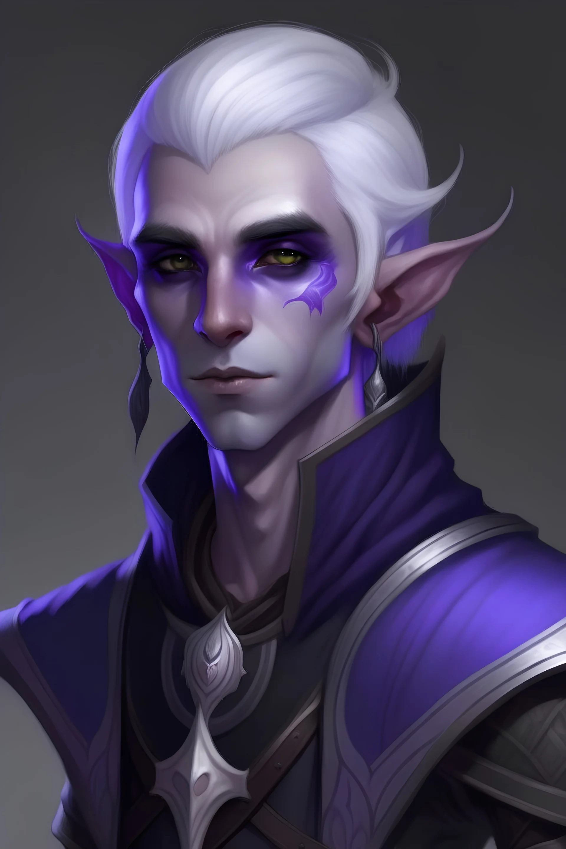 male drow elf, purple skin, short undercut white hair