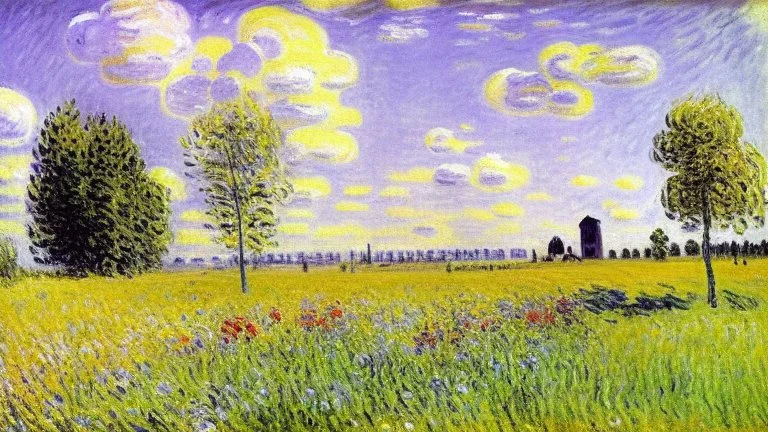 Sunny day, prairie, tree, flowers, alfred sisley painting