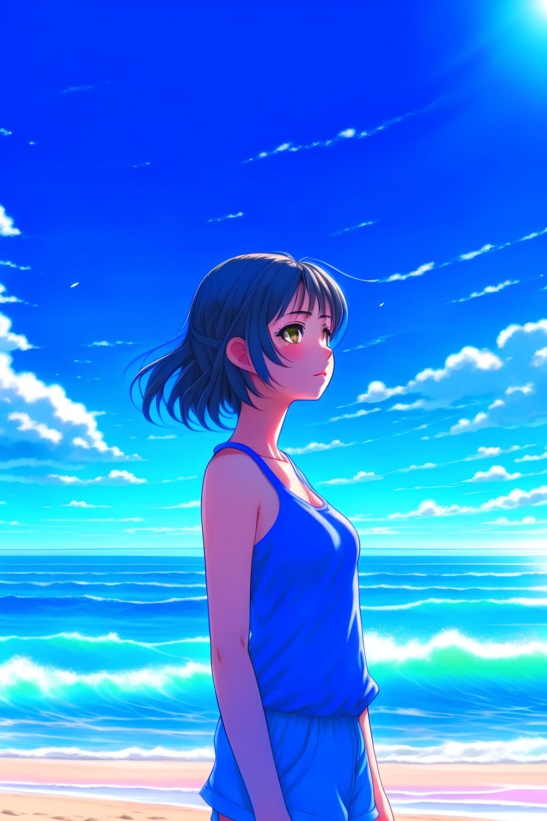 A beautiful anime girl at the beach look...