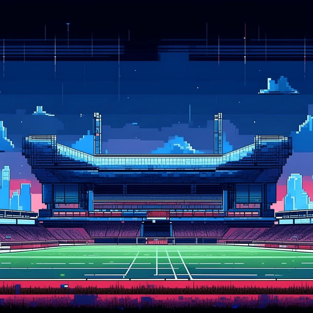 A bright pixel art cyberpunk-style illustration of the tottenham hot surs stadium