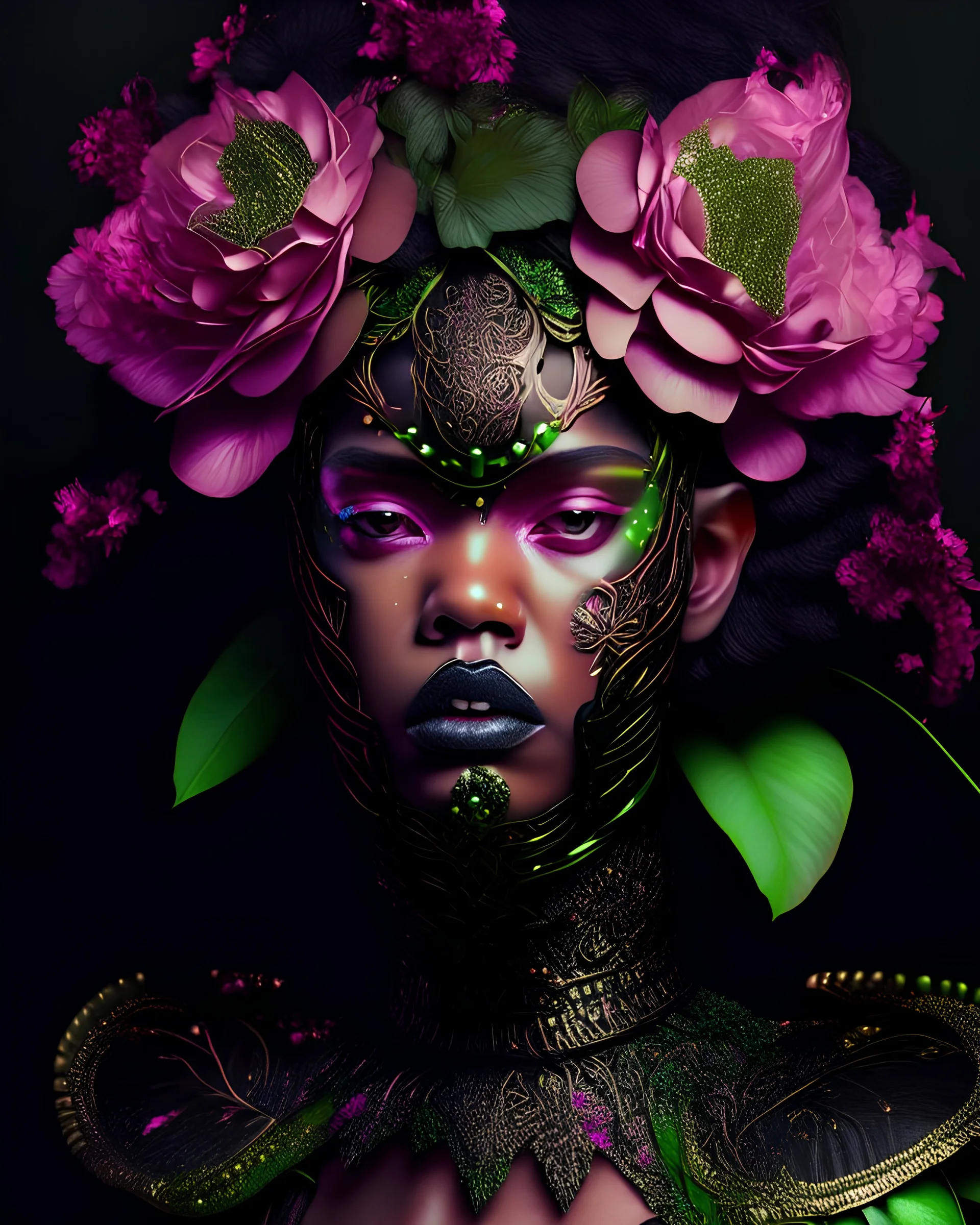 Beautiful young vantablack woman portrait adorned with begonia rex leaves botanikai headress metallic filigree masque ribbed with green ad pink quartz wearing carnival style rennasance voidcore shamanism costume armour floral embossed Golden filigree organic bio spinal ribbed detail of full floral bloomed background extremely dealed hyperrealistic maximálist concept portrait art