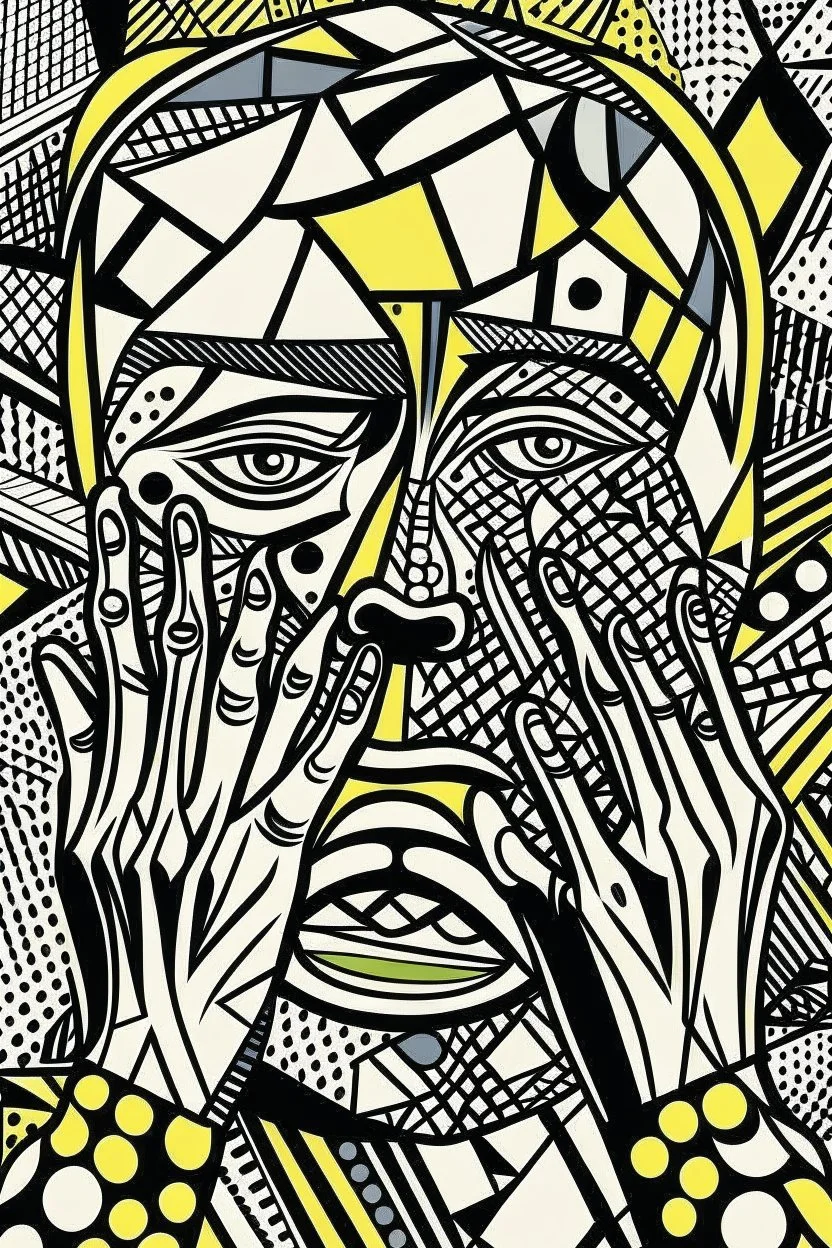 tribal man in grief with hands on face crazy shapes pencil draw style of roy lichtenstein