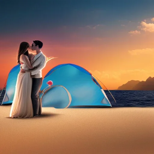 2 lovers last kiss in sand island with tent and river background sunset