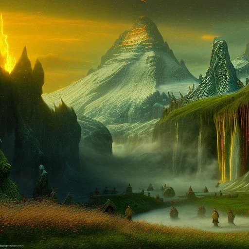 Epic Drawing of mordor scenery with elves of The Hobbit estilo Van Gogh 4k