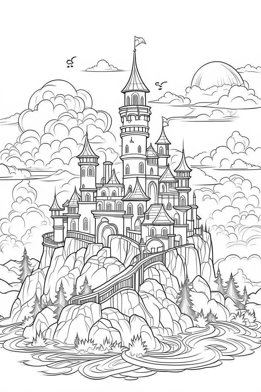 A spooky castle on a hill, surrounded by fog and illuminated by lightning. Outline, sketch style, only use outline, mandala style, clean line art, white background, no shadows, no clear wall, coloring page.