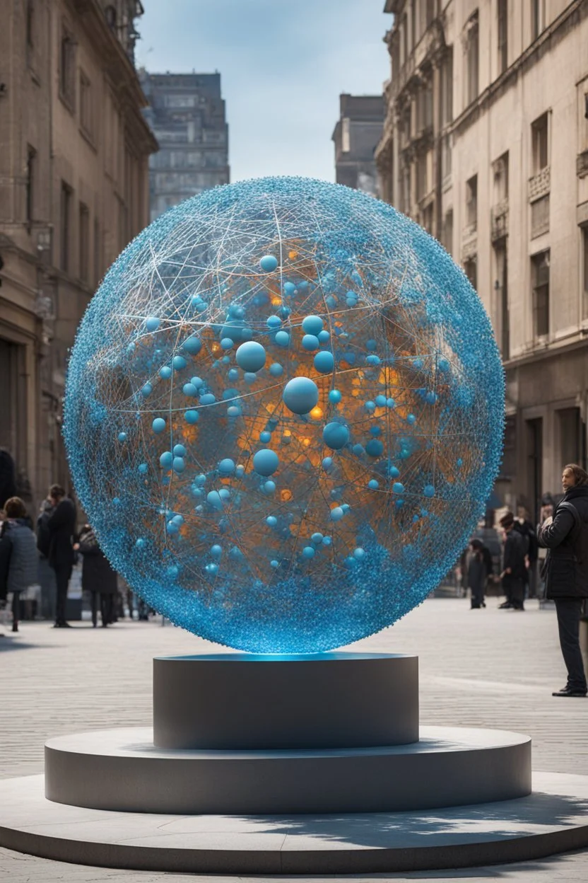 статуя на улице, Шар как атом/молекула: Сделать поверхность шара похожей на модель атома или молекулы, используя геометрические формы, светящиеся элементы или проекцию. . Для этого можно использовать различные геометрические формы, такие как круги, треугольники, шестиугольники и т. д., чтобы создать абстрактное изображение структуры атома или молекулы. Кроме того, возможно использование светящихся элементов, чтобы придать статуе особую магическую атмосферу и привлечь внимание прохожих ночью.