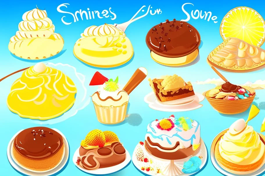 desserts in sunshine: ice cream sundaes, cakes, chocolates, macarons, floss candy, cookies, biscuits