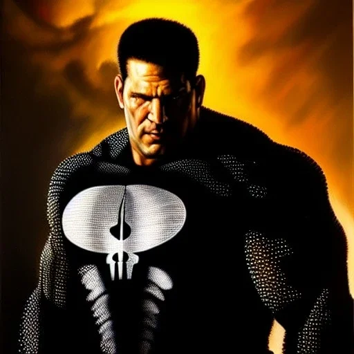 Ultra detailed fullbody Portrait in oil on canvas of Punisher (Stolen Hulk Buster Armor) ,intense stare,extremely detailed digital painting, extremely detailed face,crystal clear Big eyes, mystical colors ,perfectly centered image, perfect composition, rim light, beautiful lighting,masterpiece,8k, stunning scene, raytracing, anatomically correct, in the style of robert e howard and Ken Kelley and Ohrai Noriyoshi and Simon Bisley and tomzj1