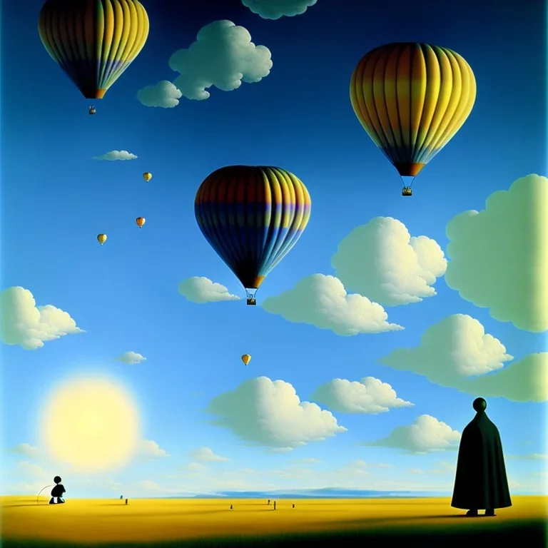 The Mouse and the Grim Reaper on balloon world, discussing the future of the universe, art by Magritte and Pixar