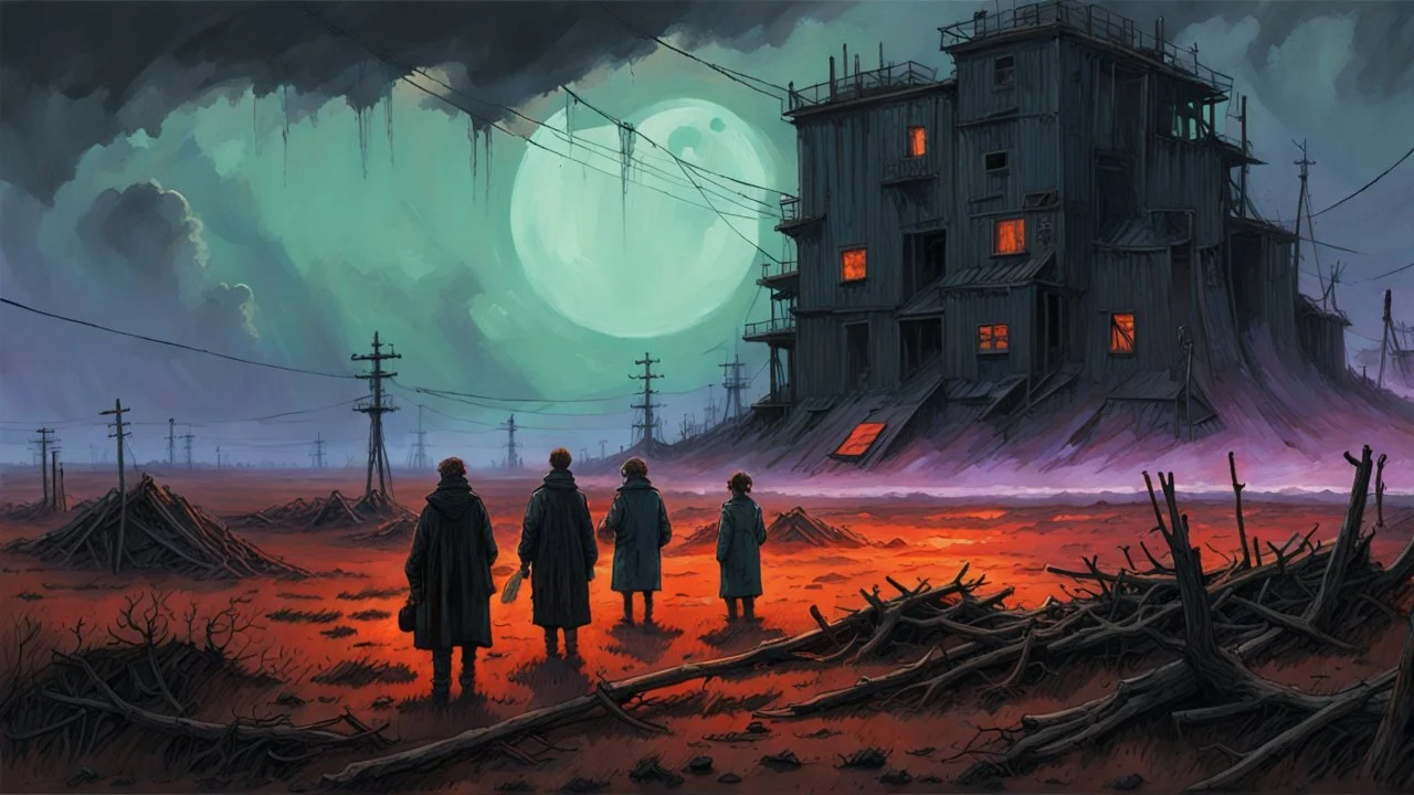 Eclipsed Dread, Macabre Enigmas, a Strange surreal world, techno western gothic, post apocalyptic art, neo cyberpunk renaissance, Science fiction painting, Denis Sarazhin Simon Stålenhag, Nicolas Bruno, sinister vibes, harsh survivalism, Peter Sallesen, Hamish Frater, ominous sky