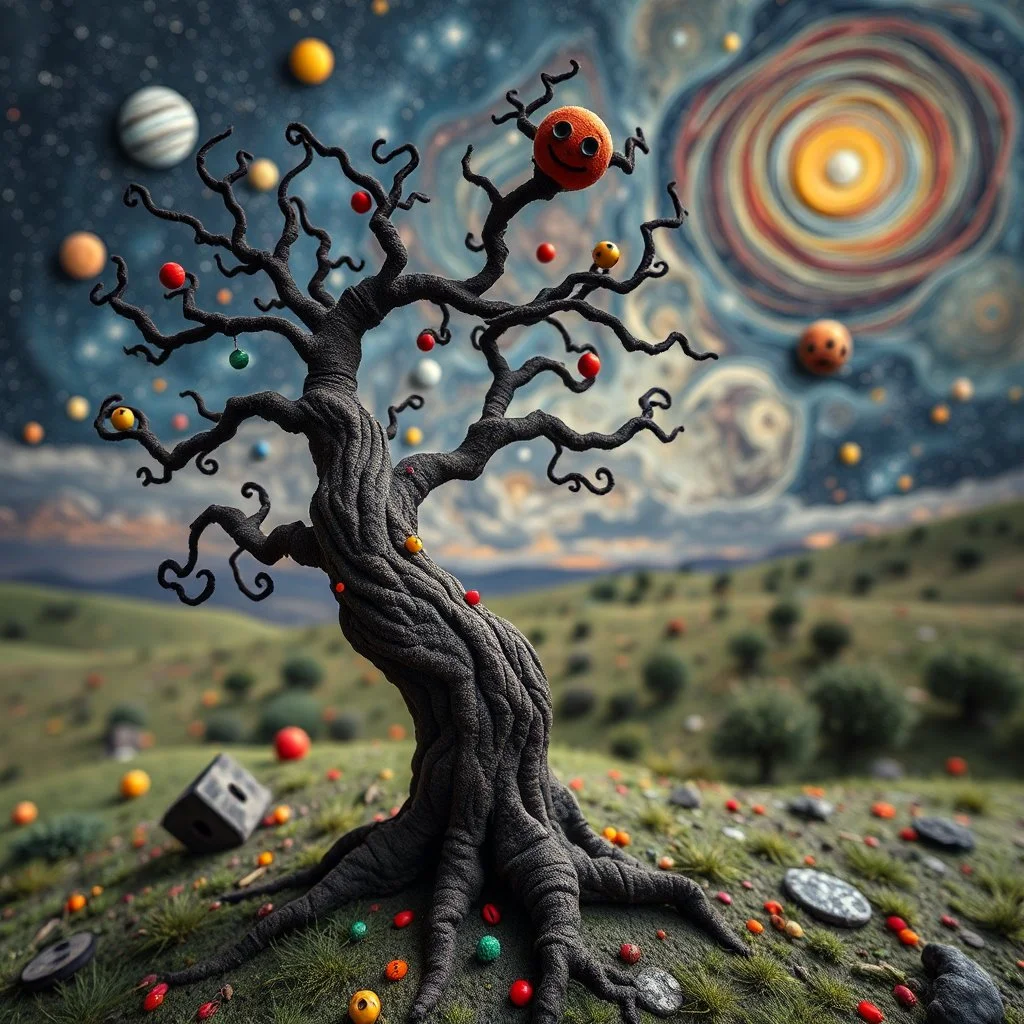 Photograph hasselblad h6d400c --ar 85:128 --v 6.0 of a fairy old bewitched tree, made of felt, art, 3d deep field, Joan Miró, wide angle landscape scene, galaxies and planets, creepy, Max Ernst, needlepoint, abstract silhoutte, expressionist style, colorful holiday