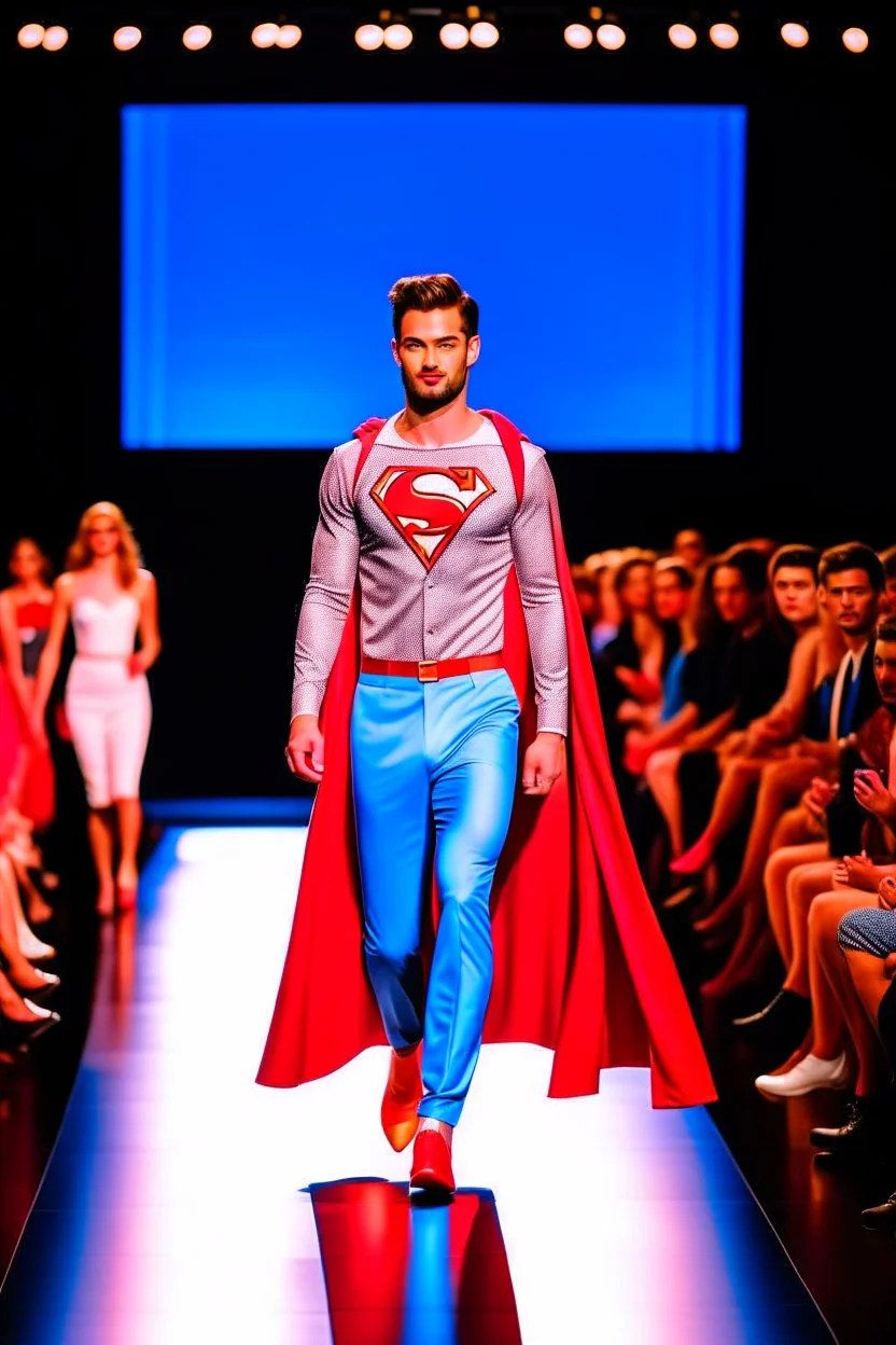 A guy on a fashion runway with Superman elegant Clothes