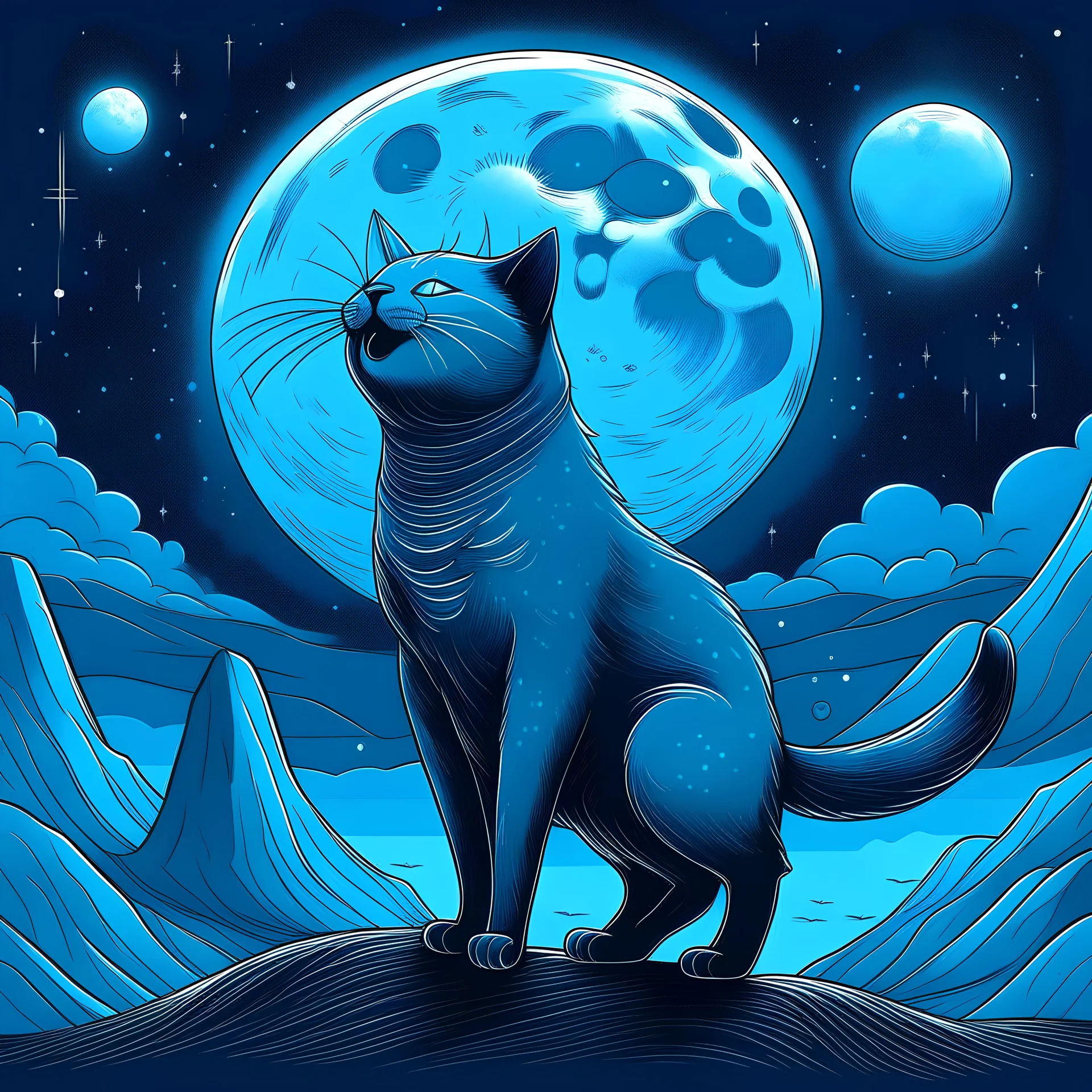Un gato color azul cantando en primer plano en medio de un paisaje lunar nocturno con estilo realista