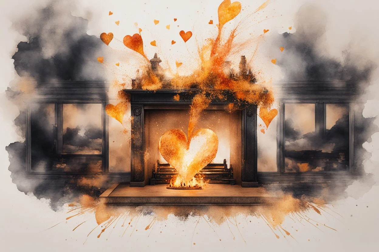 double exposure, merged layers, fireplace with dynamically blazing fire, ink splatter art, watercolor and ink, golden glitters, double exposure heart and love