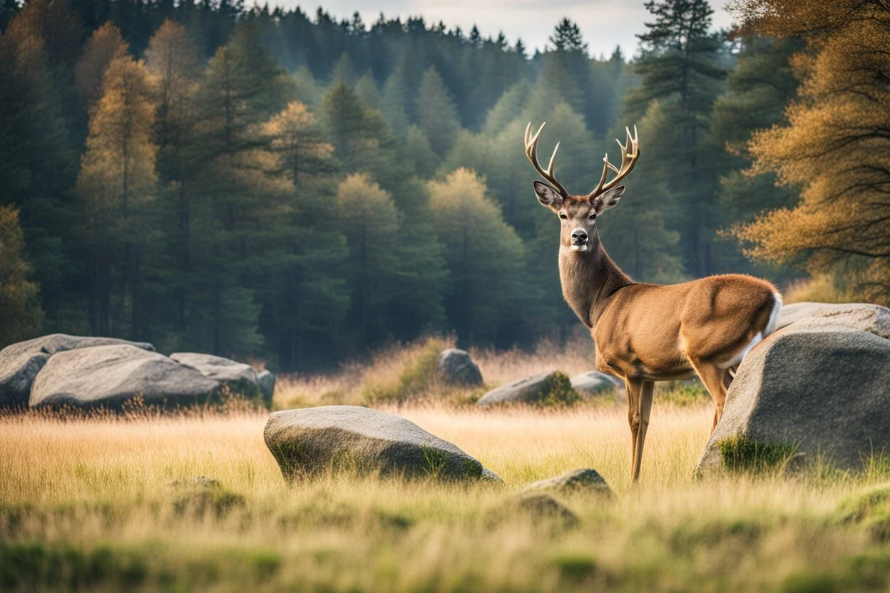 deer in forest next to rocks and grass fields