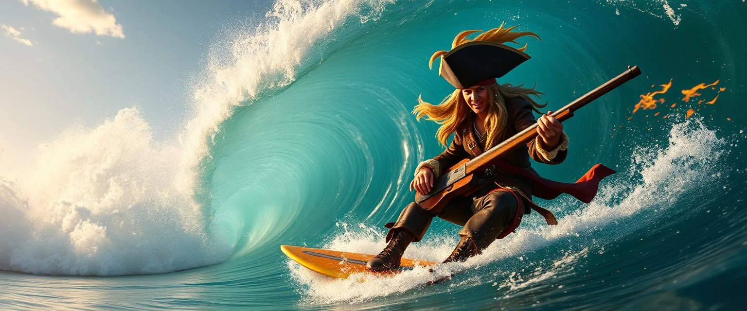 pirate shotgun mozart playing with his wig, looking hot and crazy on a surfboard on a big wave, burning ship, and pissed of sharks