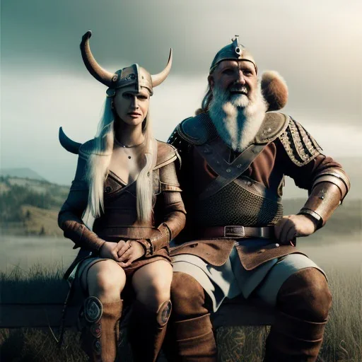 Viking theme, a younger woman sitting next to a 50-year-old man, portrait, 8K, close-up face, anatomically perfect face, Highly detailed stunning full frame portrait, misty and cloudy atmosphere