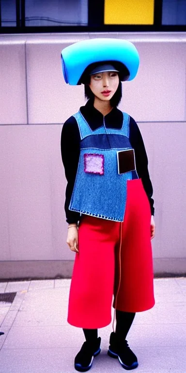 Korean, modern, beautiful woman, street, thick thigh, thick calves. Style futurism, 1996, daft punk, rough street style, Gamjan style.Mantle is sewed of recycled Denim and sewed together red felt pieces.Big headphones, with gold rings, is merged with small felt cap with small visor. A bag is integrated to the mantle. Big camouflage Patterns are composed of orange, cream, blue, lilac and purple. blue latex somewhere. It is with big bright purple felt tippet and cream-colored-hood. tippet