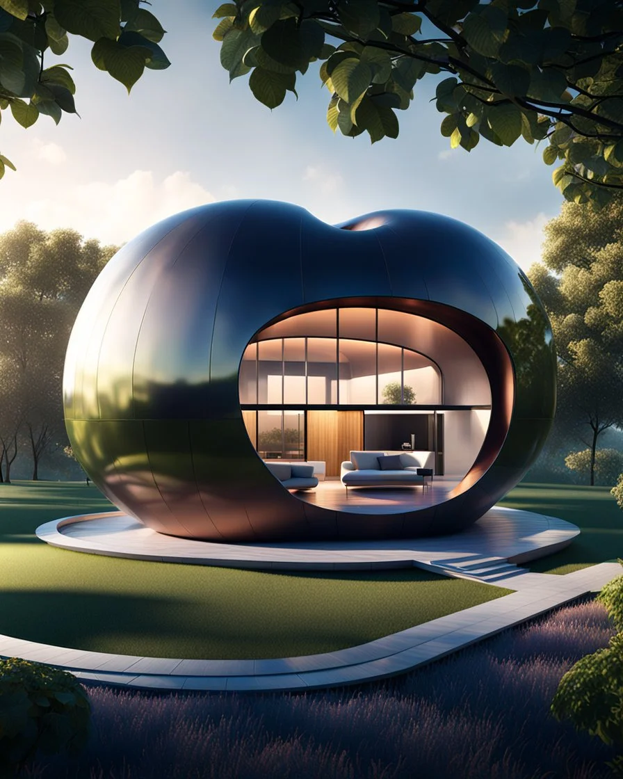 Casa con forma de manzana calidad ultra hiperdetallada estilo futurista 64k