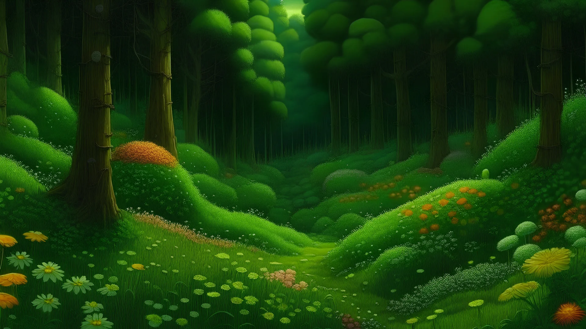 A green enchanted forest filled with flowers painted by Frank Wilson