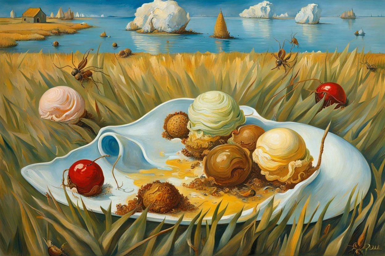 lies down in the grass a Fallen Ice-cream, the ice cream melting, detalied painting by Van Gogh and dali, ants crawling on ice cream , high detailed, sharp focuses, masterpiece