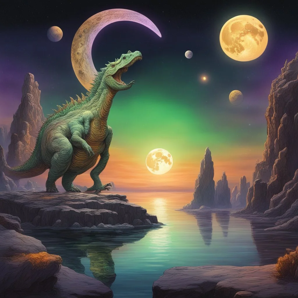 A pale detailed full moon, a prehistoric harsh rocky landscape divided by a calm sea, the universe seen from a distance with several moons and planets reflected in the water, orange, purple, yellow and green aurora, gold, surreal white filigree dinosaur entwined in a gold crescent standing on a rock ledge looking down into the water, surreal creature, night theme