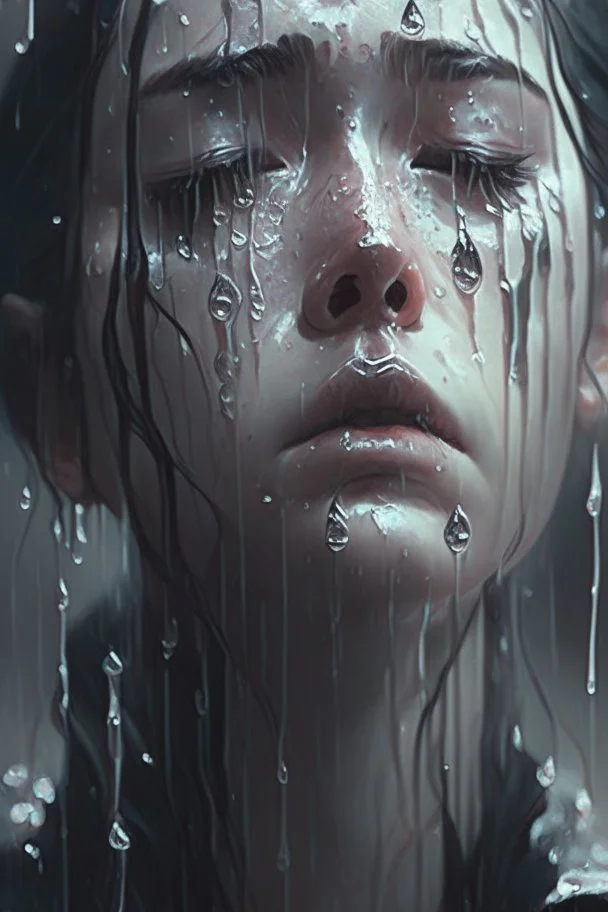 Tears are streaming down my face as I stand amidst the gentle droplets of the silvery symphony falling from the heavens above, Emotional, Dark, Highly detailed, Sharp focus, Moody lighting, Artstation, by loish and sakimichan and artgerm, Concept art, Matte, Realistic, with a hint of surrealism.