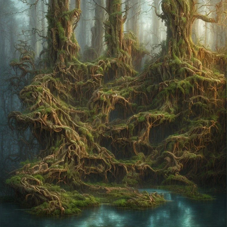 high-quality, fine-detail beautiful, breath-taking forest with gnarled trees, flowers, clear reflective lake, tranquil, stunning, 8k resolution, intricate, digital art, detailed matte, volumetric lighting, George Grie, Anne Dittman, Anne Stokes, Lisa Parker, Selina French, Alphonse Mucha