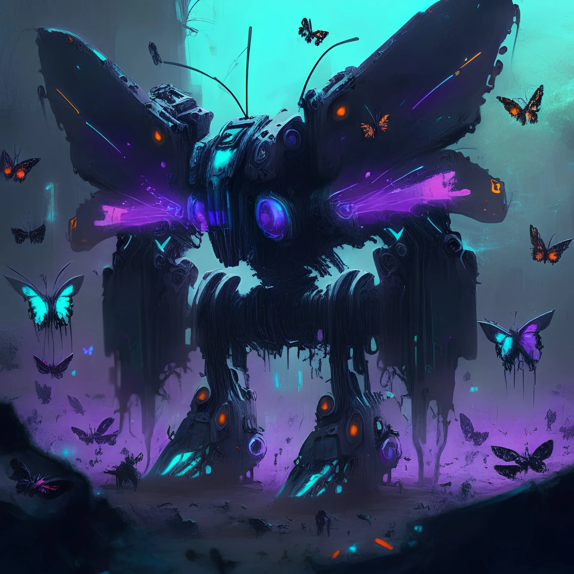 army of neon black butterfly mech robot in space grave yard