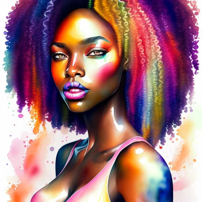 Portrait of beautiful black woman, watercolor, bright colors, long curly hair