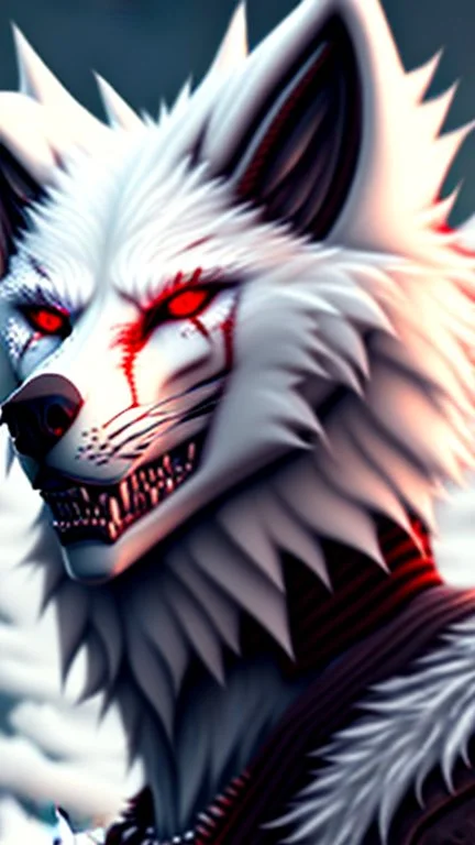 Feral, White fur, Werewolf, Red eyes, character, waist up portrait, oil on canvas, expert, insanely detailed, 4k resolution, cinematic smooth, intricate detail,