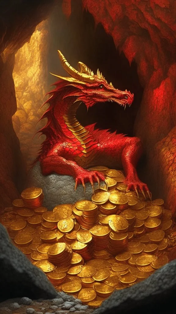 red dragon sitting in piles of gold, cave background