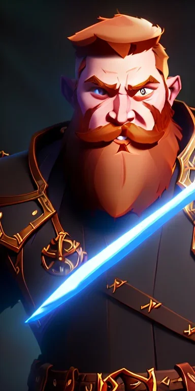 A high detail, high definition dungeons and dragons character design of a short dwarf male warrior who has a strong build, a thick ginger beard, long ginger hair, and wearing metal plated armor with pauldrons