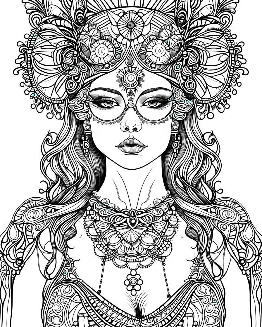 symetrical woman with blindfold tattoo, coloring book page, clean line art, adults drawing book, Black and white only, crisp black lines, sharp lines, coloring page for adults, black and white picture, lots of details, tattoo style,tattoo ideas, full body