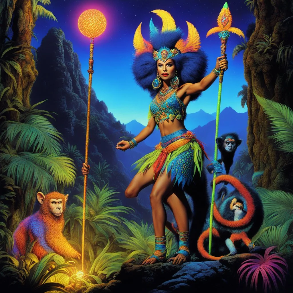 [high res photo by Ray Harryhausen] Zoë Bleu Sidel as the Legendary fur covered Monkey Queen-Shiva with her staff on the jungle hills feet, and monkey tail, [style is lite brite art, luminous and colorful designs, pixelated compositions, retro aesthetic, glowing effects, creative patterns, interactive and playful, nostalgic charm, vibrant and dynamic arrangements]