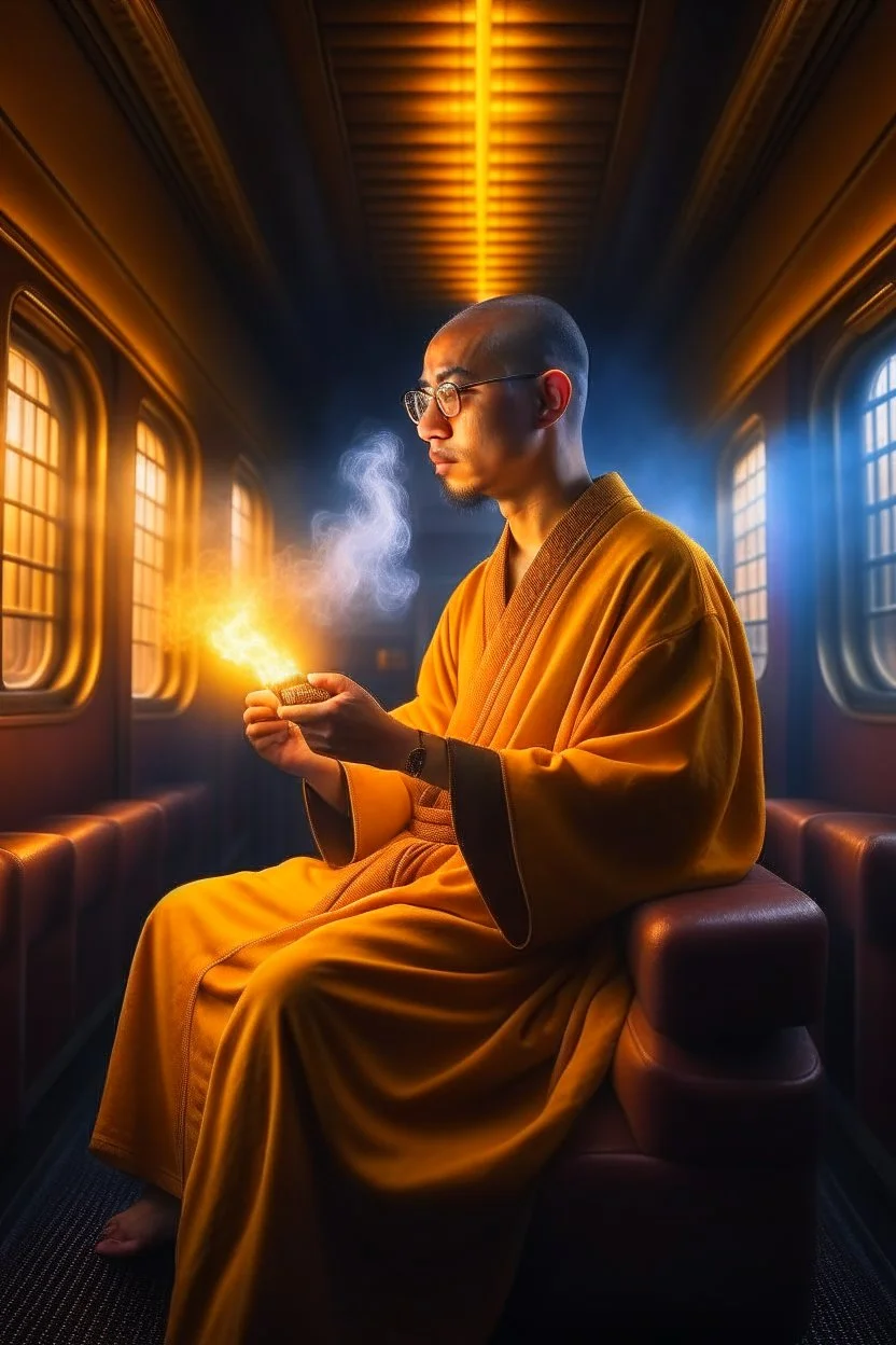 portrait of spiritual monk holding lotsa phones chatbot smoking a sigar on a throne in a fast bullet train , smoke, 4k, downlight, soft light, depth of field, photorealism, trending on art station