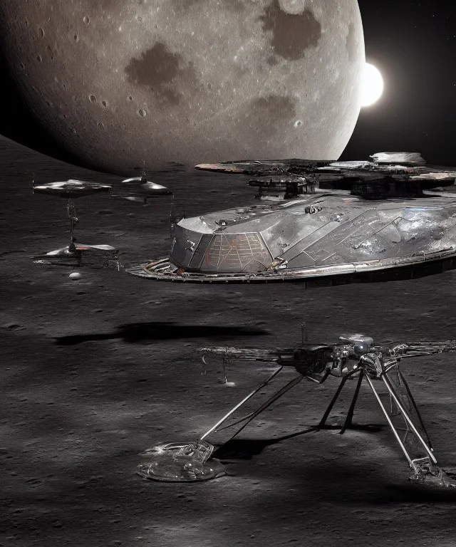 Crashed photorealistic futuristic industrial mechanical mechwarrior space ship on the moon lunar surface