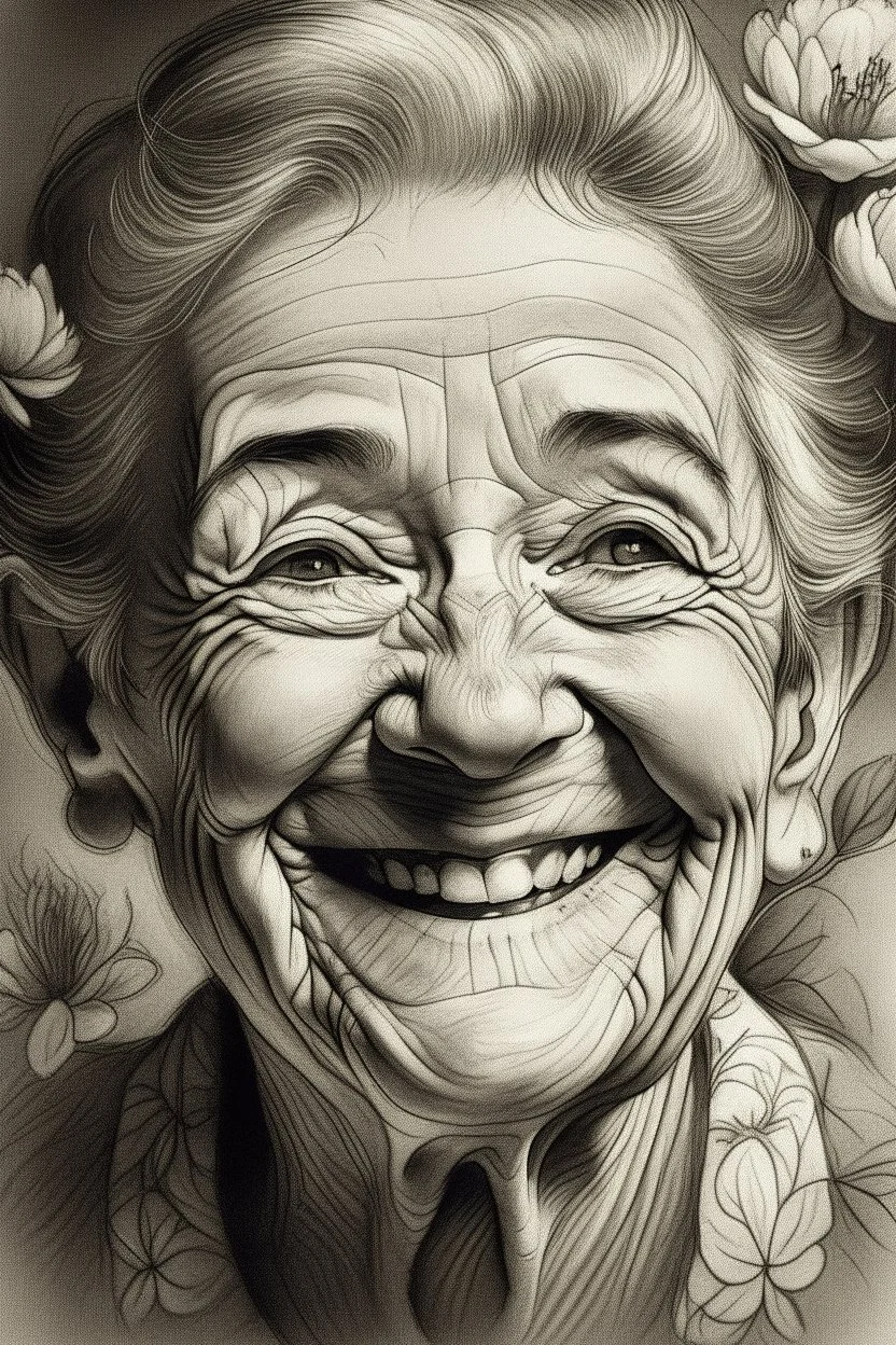 drawing, portrait,Flowers , wrinkles, features, smiling, white, lead, charcoal,drawing with pencil