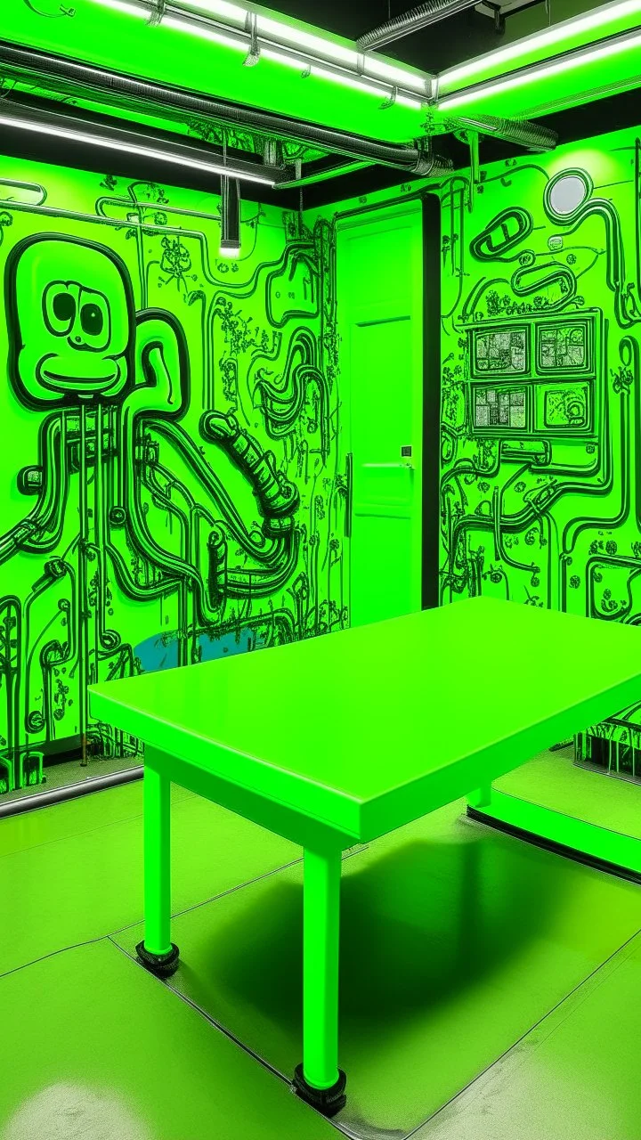 A lime green laboratory with cybernetic slime painted by Keith Haring