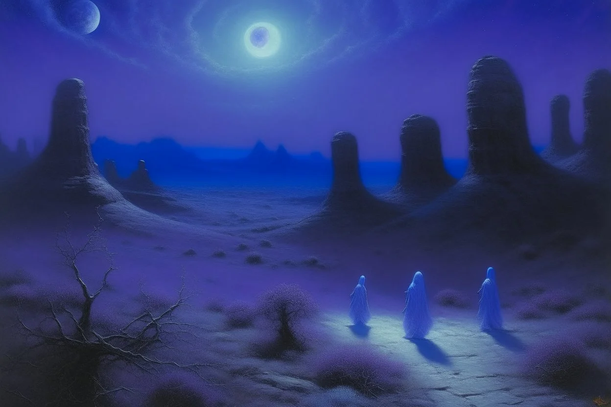 A purple outer space with ghosts of illusion designed in native American petroglyphs painted by Birge Harrison