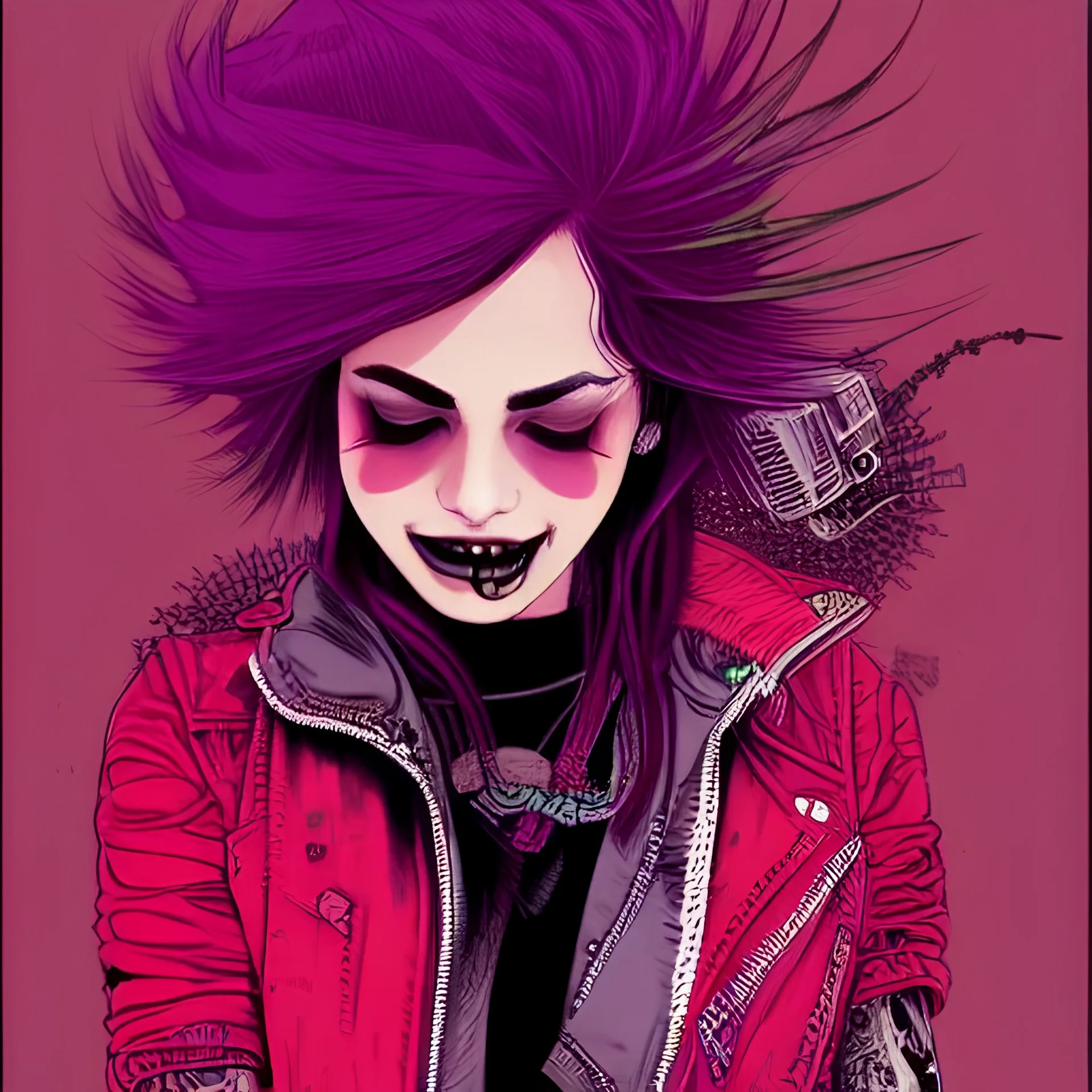 beautiful punk girl, smiling, leaning pose, hyper detailed, hyperdetailed, intricately detailed, illustration by <asaf hanuka>, purple tones, darkred tones,