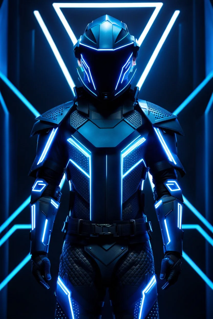 cyberpunk, neon blue, floating triangle of light behind the back, cyber armor, geometric patterns on an armor, male, orbiting triangle