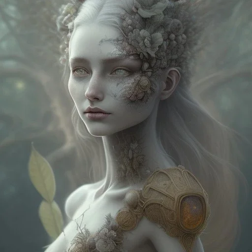 karlan, plant metal, feathers, Dryad, fae, sidhe, ominous, nature, plants, wildflower, facepaint, dnd character portrait, intricate, oil on canvas, masterpiece, expert, insanely detailed, 4k resolution, retroanime style, cute big circular reflective eyes, cinematic smooth, intricate detail , soft smooth lighting, soft pastel colors, painted Renaissance style