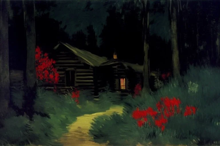 Night, cabin, pine trees, pathway, red flowers, edouard manet impressionism painting