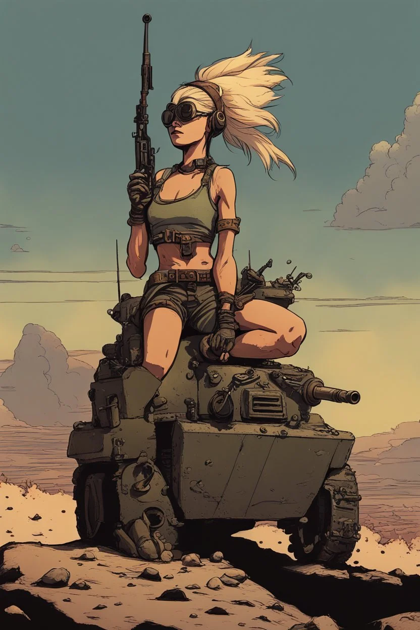 Far away, on the distant horizon where the wastelands met the sky, a small but unmistakable figure came into view. She was perched atop a hulking, makeshift vehicle, a ragtag tank that seemed to defy the very laws of mechanics. Her silhouette, framed by the dying embers of the day, was instantly recognizable. Tank Girl, a symbol of defiance and rebellion in this desolate world, rode the contraption with a wild, untamed spirit. Her hair, a shock of colorful disarray, billowed in the wind as she s