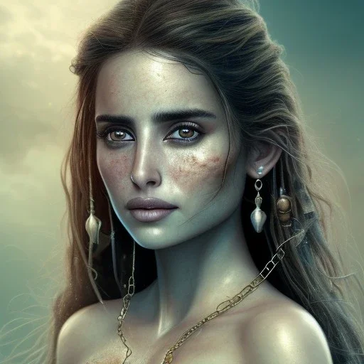 best quality, realistic lighting, masterpiece portrait of Penelope Cruz from pirates of the Caribbean, details, light dusting of freckles, shot from above, simple chain hauberk, warhammerVector art matte painting digital illustration 3D shading CryEngine Behance HD 3Delight